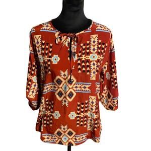Buckle Brand Day Trip Women's Red Abstract Tribal Print Top, 3/4 Sleeve, Size L